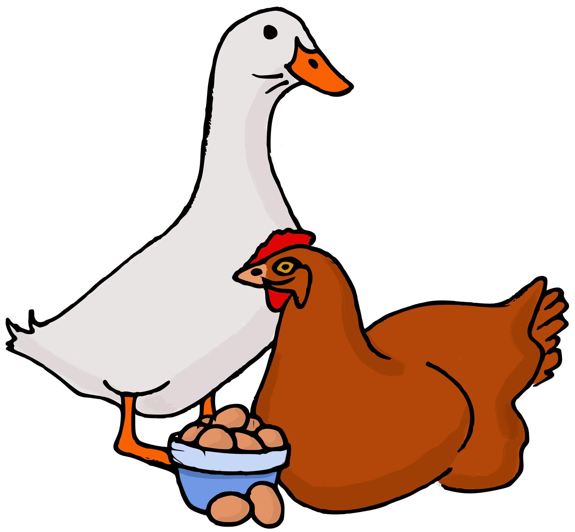 Lutz Farm — a duck and a hen standing over a bowl of fresh eggs
